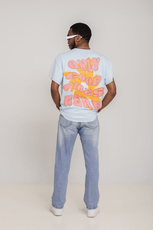 Blue Attractive streetwear graphic t-shirt with Only Good Vibes Here back print