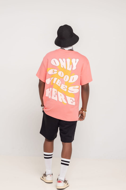 Pink Attractive streetwear t-shirt with Only Good Vibes Here back graphic print