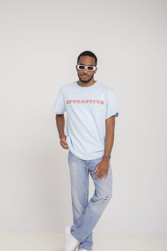 Light blue Attractive streetwear t-shirt with front logo worn by model