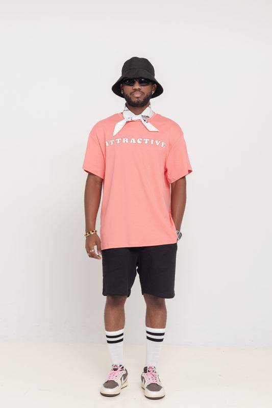Pink Attractive streetwear t-shirt with front logo worn by model