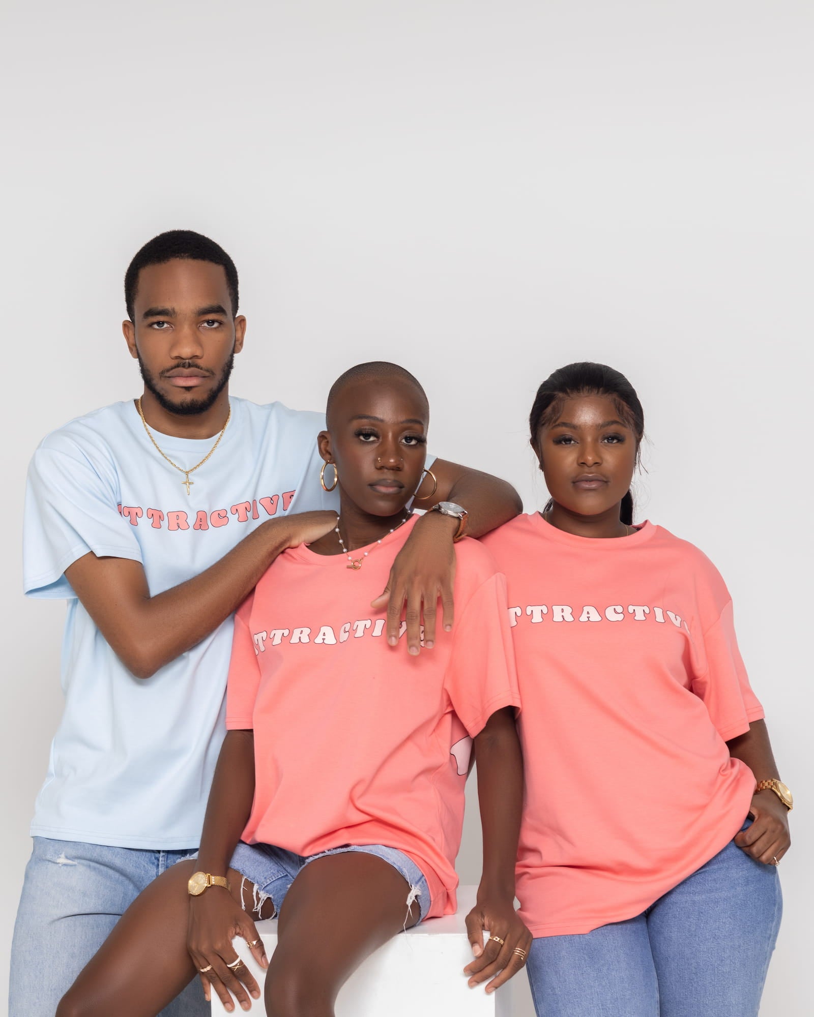 Attractive streetwear t-shirt collection worn by models in studio fashion campaign